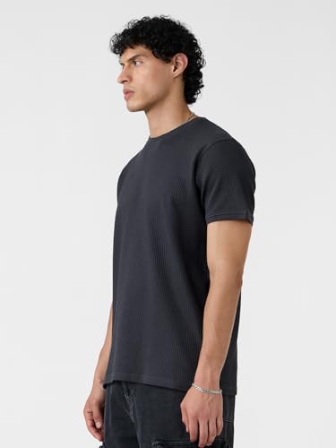 The Souled Store Korean T-Shirt: Charcoal Men and Boys Short Sleeves Round Neck Solid Textured Regular Fit Cotton Blend T-Shirts
