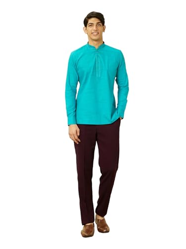 Manyavar Mens Blue Cotton Short Kurta