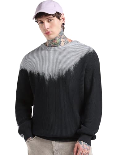 Bewakoof MenS Ombre Oversized Fit Full Sleeve Round Neck Pure Cotton Sweater_680216_Black_M