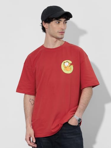 The Souled Store Looney Tunes: Garfield Face Outta My Space Men and Boys Short Sleeves Round Neck Red Graphic Printed Cotton Ove