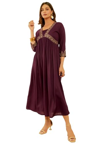 Soch Womens Wine Rayon Slub Floral Embroidered Empire Ethnic Dress