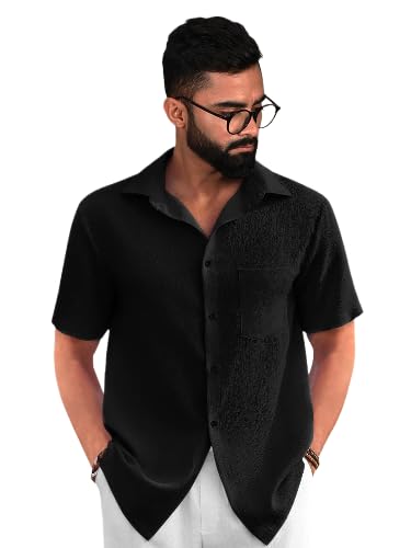 PinkMint Popcorn Shirt for Men ll Textured Shirts for Men ll Stylish Half Sleeve Shirt ll Goa Wear ll Regular Fit Shirt Black
