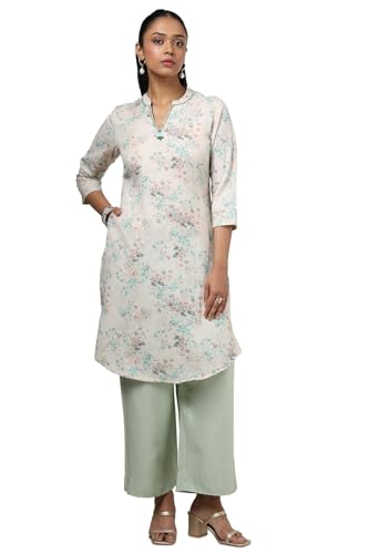 Soch Womens Beige Cotton Linen Floral Print Kurta with Beads
