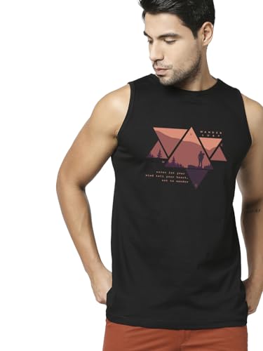 Bewakoof Mens Graphic Printed Regular Fit Sleeveless Round Neck Cotton Vest_519828_Jet Black_M
