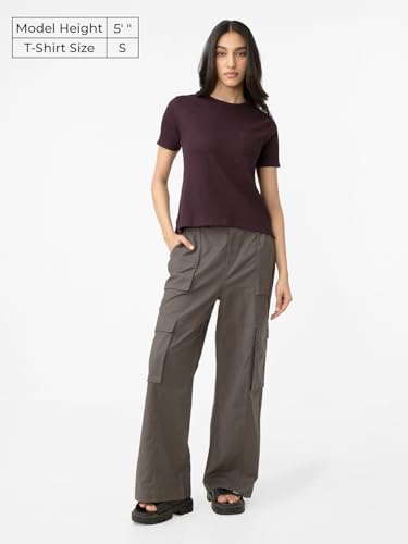 The Souled Store Textured T-Shirt: Deep Brown Women and Girls Short Sleeves Round Neck Solid Cotton Blend Relaxed Fit T-Shirts