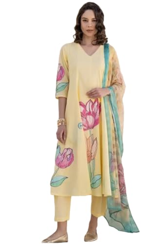 ANNI DESIGNER Womens Rayon Viscose Anarkali Printed Kurta with Pant & Dupatta (Ariana Lemon_L_Green_Large)