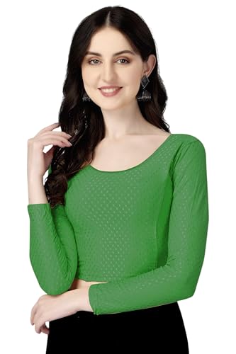 Shiv Textiles Round Neck Dobby Cotton Lycra Stretchable Elbow Sleeve Readymade Saree Blouse for Women Stylish (GreenOver Size Fu