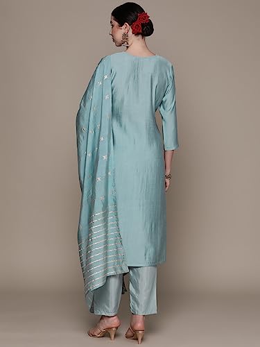 anubhutee Women's Silk Blend Embroidered Blue Straight Kurta Suit Set with Pants