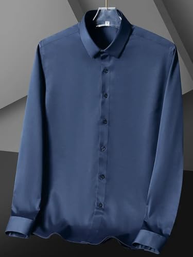 Indoprimo MenS Premium Solid Satin Casual Party Shirt Full Sleeve Navy