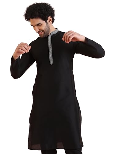 Kisah Men Black Kurta, Cotton, Full Sleaves, Knee Length, Straight, Regular Fit, Mandarin Collar Ethnic Wear-40