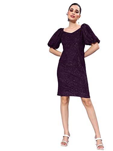 Miss Chase WomenS Dark Purple-Colored Square Neck Half Sleeve Self Design Bodycon Mini Dress (Mcaw22D16-29-289-04, Purple, M)