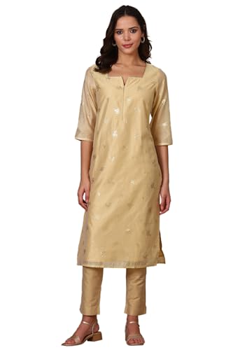 Beige Foil Printed Chanderi Straight Kurta
