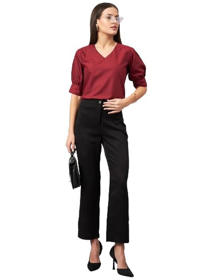 Style Quotient Women Solid Maroon Polycotton Formal Top