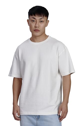 FYLTR Mens Solid Fit Oversized T-Shirt (FYLSS25MTS-303_Vanilla Bean