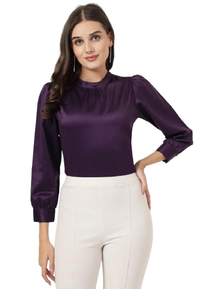 Style Quotient Women Solid Lavender Satin Regular Party Top