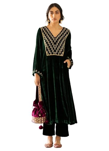 Anni Designer WomenS Velvet Anarkali Embroidered Kurta With Pant (Mehu Green_Xxl_Green_Xx-Large)