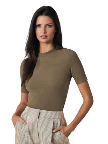 KOTTY Womens Slim Fit Half Sleeve Ribbed T-Shirt(Brown_L)
