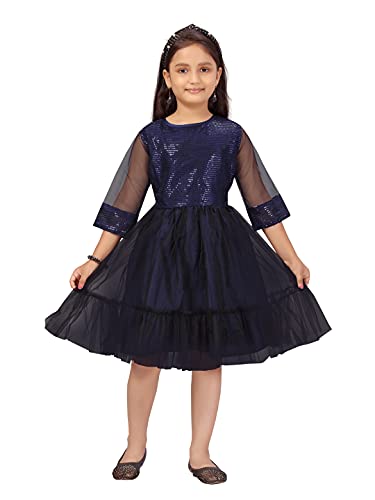 Aarika Girls Net Fit and Flare Knee-Length Dress (JN_FK-21911_Navy Blue