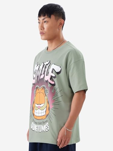 The Souled Store Official Garfield: Smile Men And Boys Short Sleeve Green Cotton Oversize Fit T-Shirt