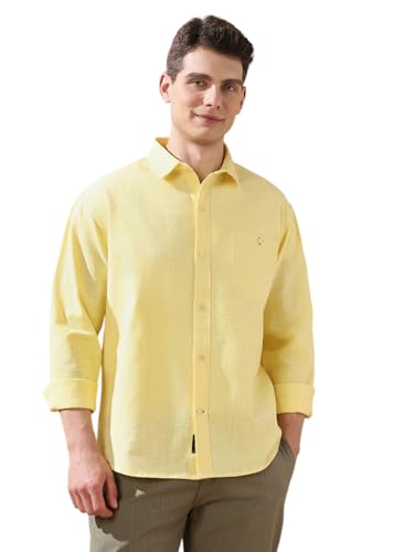 Dennis Lingo Men Panna Cotta Solid Spread Collar Full Sleeves Regular Fit Shirts Yellow