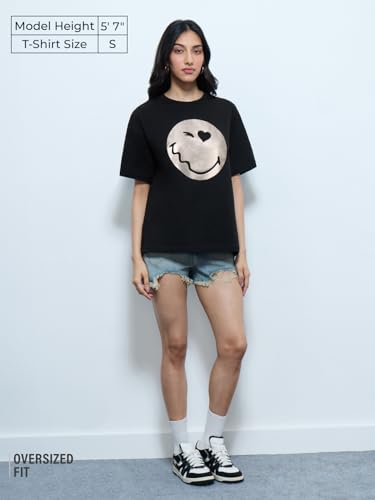 The Souled Store Smiley: Glitter Getter Women and Girls Short Sleeves Round Neck Black Graphic Printed Cotton Oversized T-Shirts
