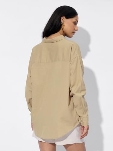 The Souled Store Cotton Linen Shirt: Almondine Women and Girls Long Sleeves Collared Neck Button Front Solid Cotton Linen Boyfri