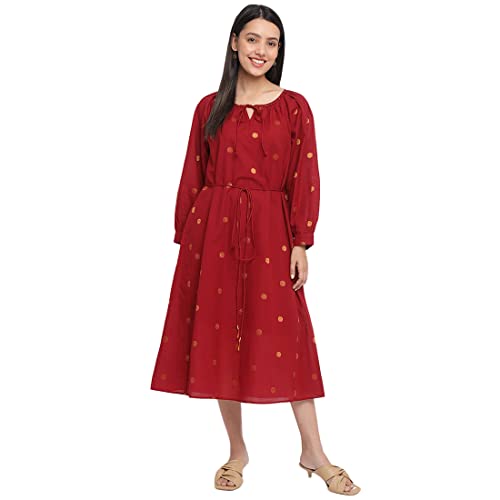 Fabindia Women Cotton Beaded Short Dress Maroon_Xs