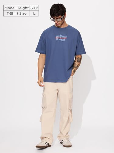 The Souled Store Official Baki Hanma: The Strongest Men And Boys Short Sleeves Round Neck Blue Graphic Printed Cotton Oversized