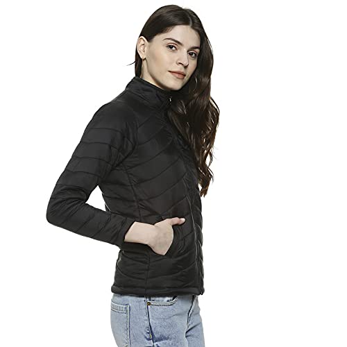 Campus Sutra Womens Black Puffer Regular Fit Bomber Jacket for Winter Wear | Standing Collar | Full Sleeve | Zipper | Casual Ja