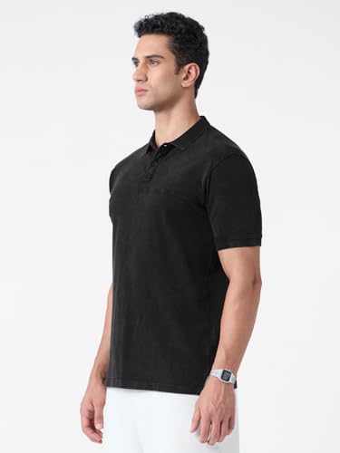 The Souled Store Polo T-Shirt: Vintage Wash Men and Boys Short Sleeves Polo Collar Charcoal Grey Solid Cotton Regular Fit T-Shir