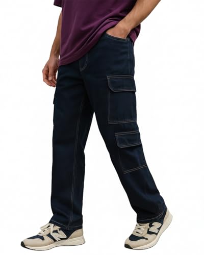 Bewakoof MenS Washed Straight Fit Cotton Cargo Jeans_654893_Blue_38