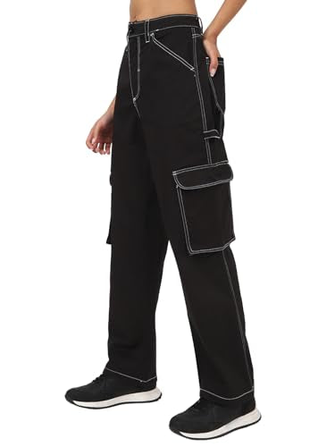 Bewakoof WomenS Solid Straight Fit Cotton Cargo Pant_651226_Black_32
