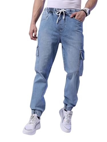 The Indian Garage Co Men Regular Fit Solid Mid-Rise Stretchable Denim Cargo Joggers