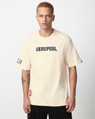 Bewakoof Official Marvel Merchandise Deadpool Mens Graphic Print Oversized Fit Half Sleeve Round Neck Pure Cotton T-Shirt_66642