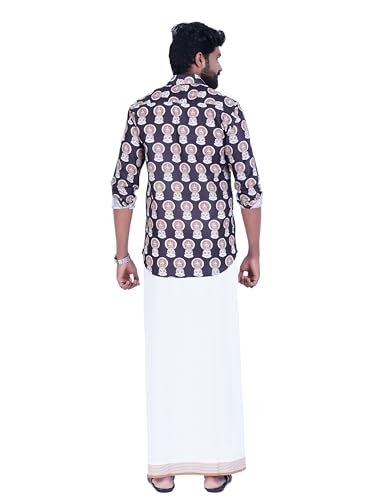 Prakasam Cotton Mens Colour Onam Special Printed Full Sleeve Slim Fit Multi Colour Shirt Matching With Border Single Dhoties For