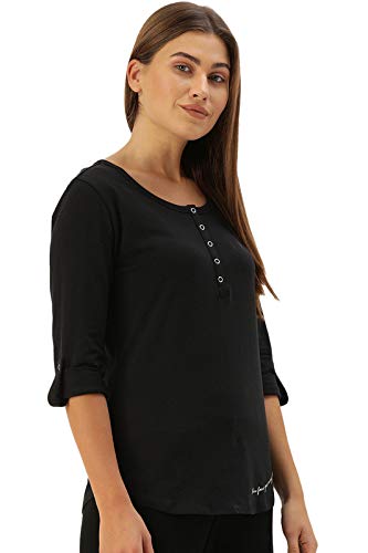 Enamor Essentials Womens Slim Fit Henley Neck 3/4th Sleeves Cotton Tee with Snap Button Placket Front & Sleeve Tab - E129(E129-