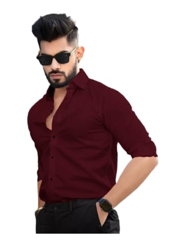 Tee Projekt Shirt for Men Cotton Plain Spread Collar Casual Shirt Parfect for ormal Wear, Home Wear, Office Wear Maroon
