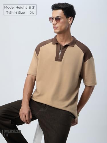 The Souled Store Ottoman Colourblock: Sepia Men and Boys Short Sleeves Collared Neck Brown Cotton Blend Oversized Zipper Polos