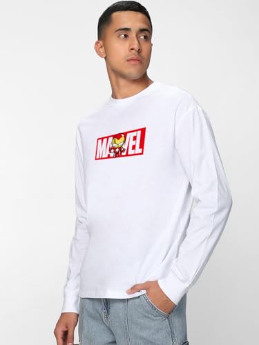 Bewakoof Official Marvel Merchandise Mens Graphic Printed Oversized Fit Full Sleeve Round Neck Cotton Jersey T-Shirt 636692 Whi