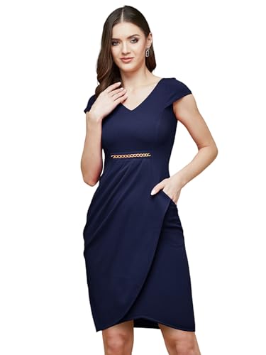 Miss Chase WomenS V-Neck Cap Sleeve Dress (Mcss22D16-20-71-03, Navy Blue, S)
