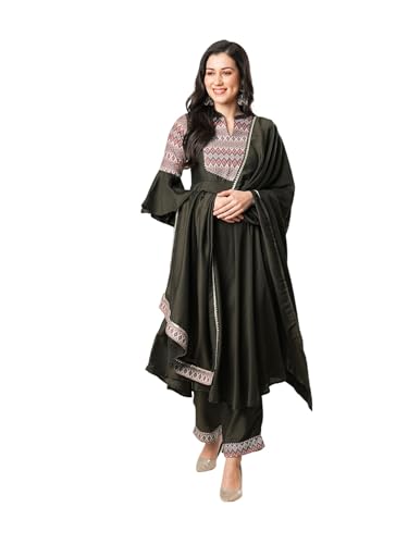 Sanisa Women's Muslin Digital Printed Anarkali Kurta with Pant and Printed Fabric Lace Work Dupatta