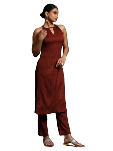 Varanga Women Brown Halter Neck Straight Kurta With Trouser