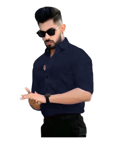 Tee Projekt Shirt for Men Cotton Plain Spread Collar Casual Shirt Parfect for ormal Wear, Home Wear, Office Wear Navy Blue
