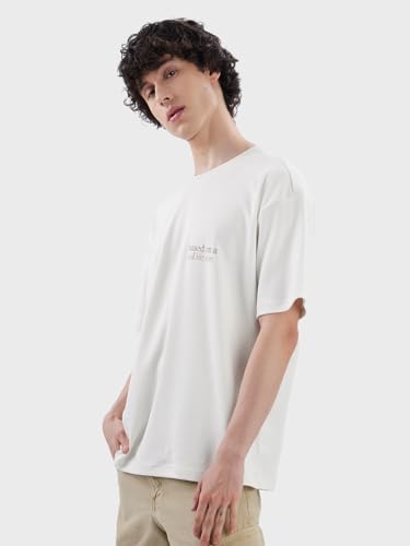 The Souled Store Originals: Real Life Story Men and Boys Short Sleeve Round Neck White Embroidered Cotton Oversized T-Shirts