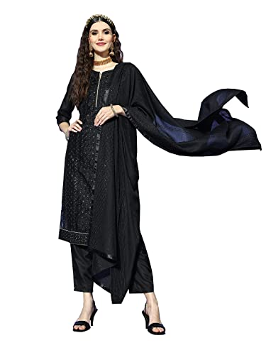 ishin Women's Black Embellished A-Line Kurta set With Trouser and Dupatta