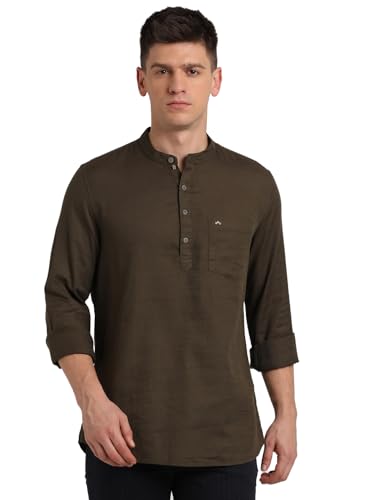 Turtle Men 100% Cotton Brown Solid Slim Fit Casual Kurta Shirt