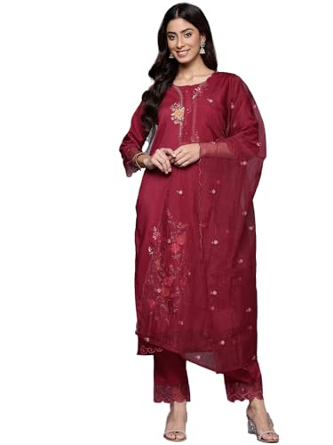 Varanga Women Red Thread Embroidered Kurta with Organza Hem Paired Bottom and Dupatta
