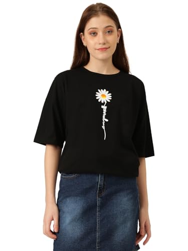 KOTTY Womens Cotton Blend Black Printed Oversized T-Shirts