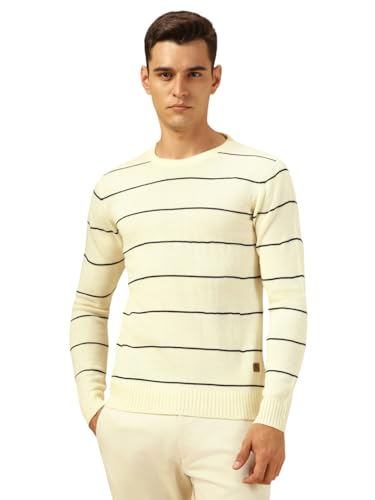 Dennis Lingo Men Regular Fit Acrylic Striped Full Sleeves Crew Neck Pullover Sweater Off White
