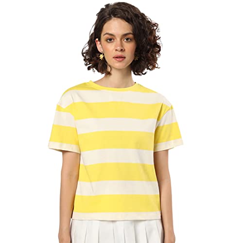 Bewakoof Womens Striped 100% Cotton Top - Relaxed Fit, Round Neck, Half Sleeves